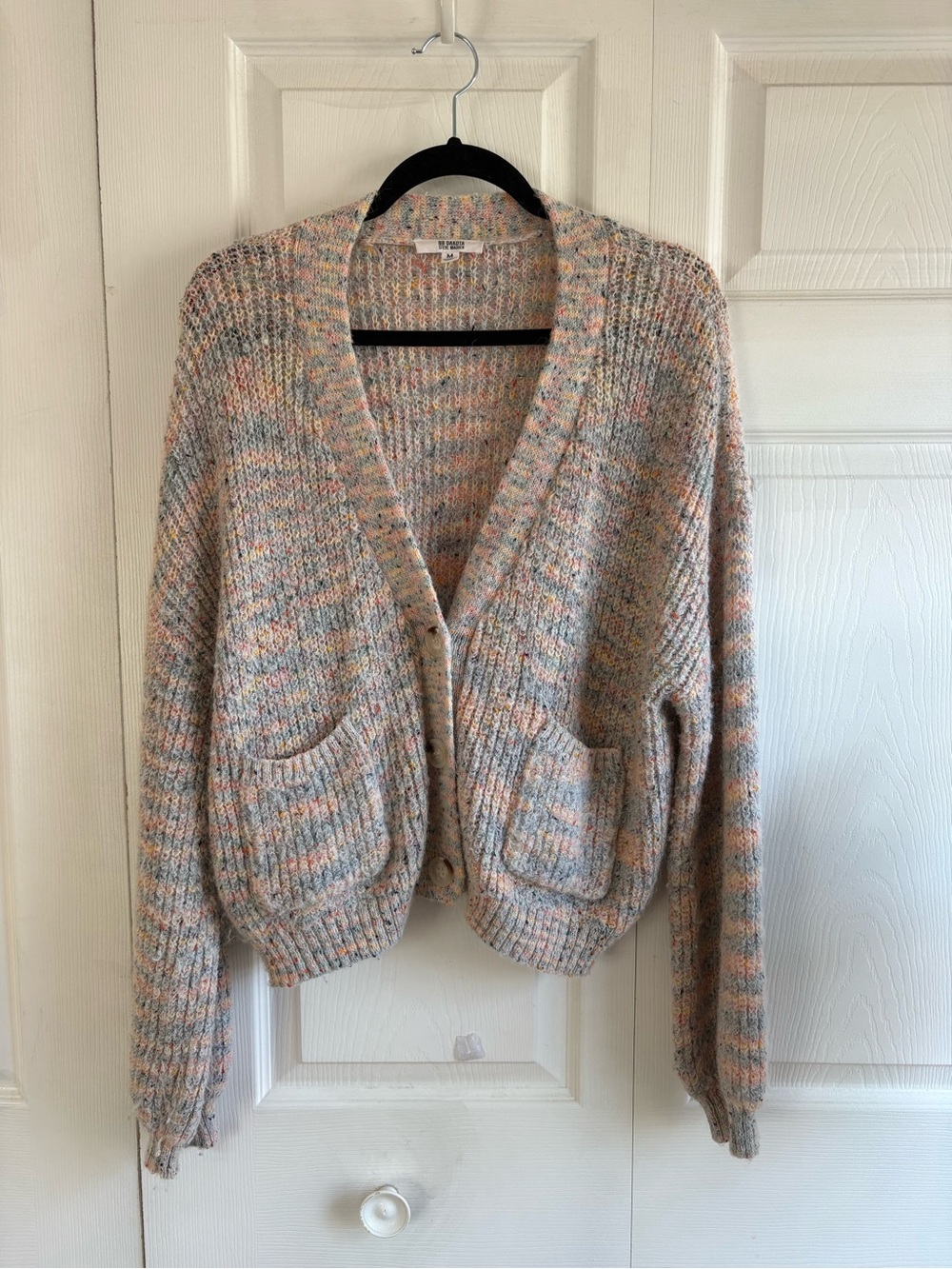 BB Dakota Ivory Pink Blue V-Neck Chunky Knit Ribbed Cardigan‎ Academia Teacher M